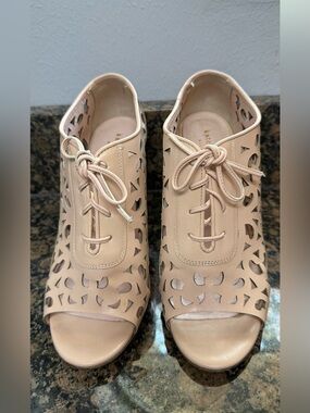kate spade Blush Laser-Cut Lace-Up Peep Toe Mules